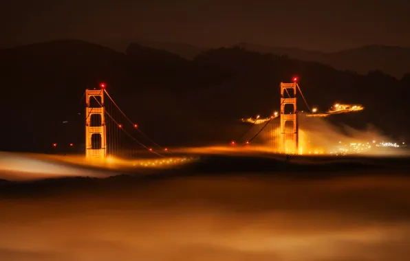 Картинка ночь, огни, туман, hdr, опора, Сан-Франциско, мост Золотые Ворота