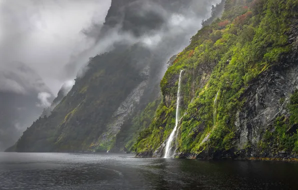 Горы, туман, река, скалы, водопад, New Zealand, фьорд, Fiordland
