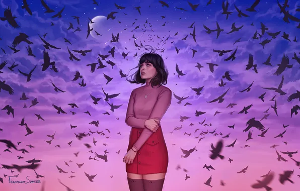 Sky, birds, Fernanda Suarez, girl art