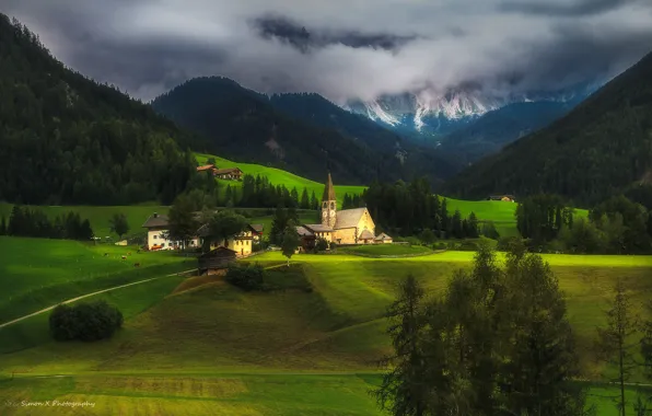 Лес, горы, природа, луг, церковь, Италии, Santa Maddalena, Simon W