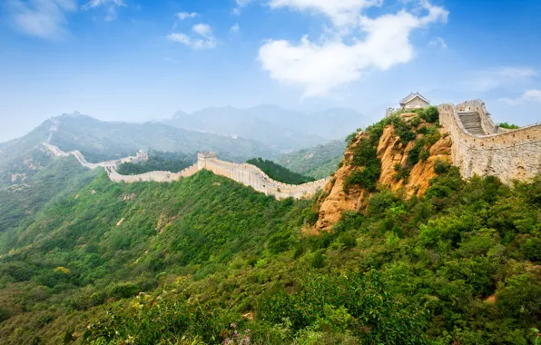 Небо, Горы, Трава, Китай, Пейзаж, Великая Китайская Стена, Great Wall Beijing