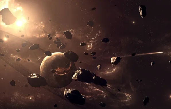 Картинка планеты, метеориты, небосвод, размеры