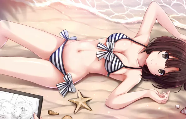Girl, sexy, cleavage, beach, brown hair, brown eyes, boobs, anime