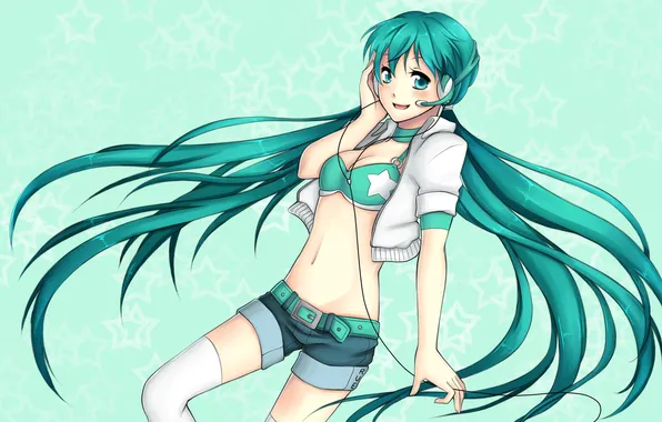 Девушка, фон, наушники, арт, vocaloid, hatsune miku, хвостики