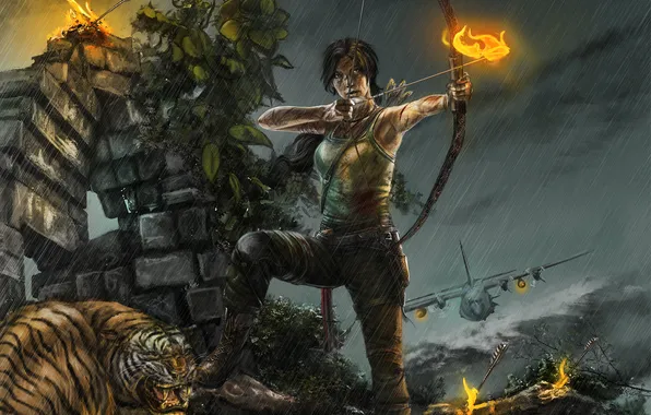 Девушка, тигр, самолет, лук, Tomb Raider, стрелы, лара