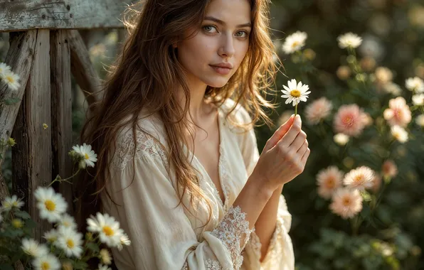 Лето, взгляд, девушка, цветы, розы, ромашки, сад, шатенка