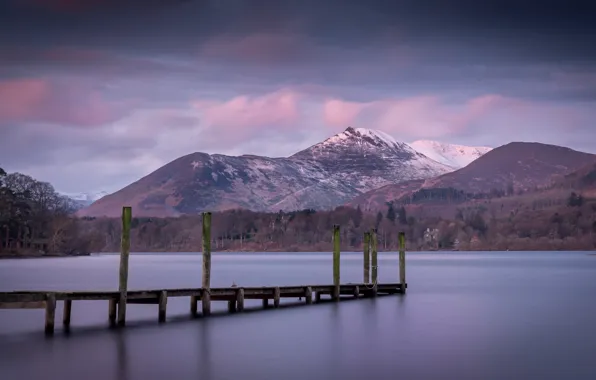 Twilight, sunset, mountain, lake, dusk, pier