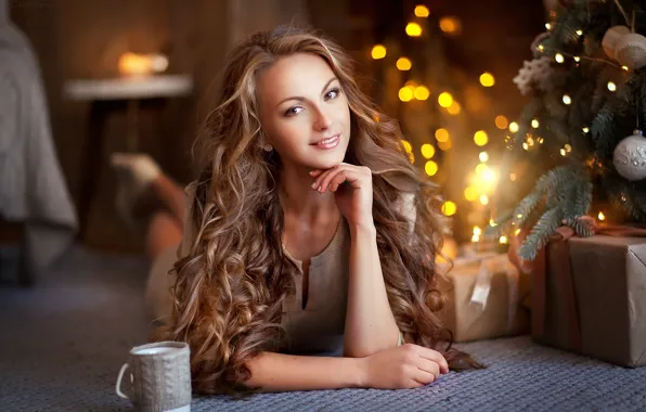 Взгляд, девушка, поза, волосы, елка, боке, Olga Boyko