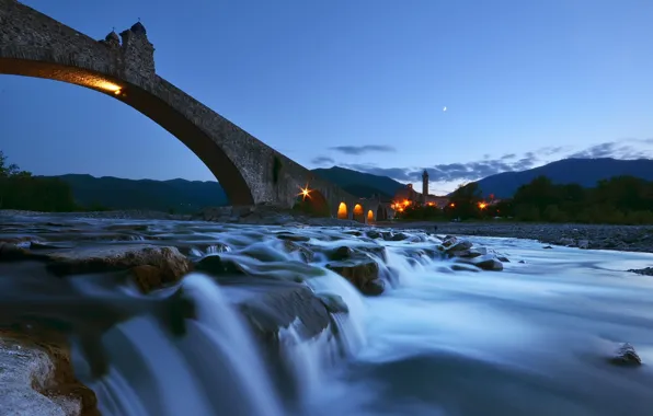 Картинка пейзаж, ночь, мост, река, Ponte del Diavolo
