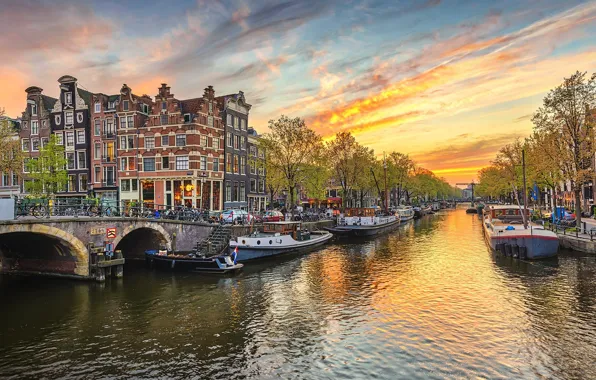 Небо, деревья, закат, мост, дома, канал, катера, Amsterdam