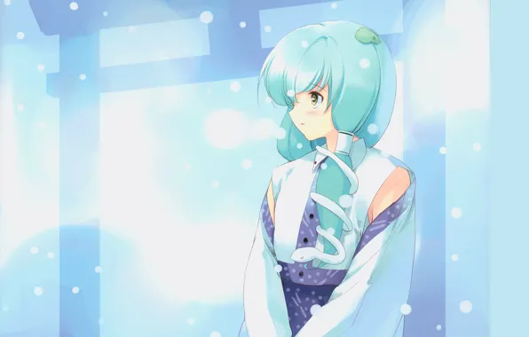 Снег, голубые волосы, Kochiya Sanae, белая змея, Touhou Project, Проект Восток, ворота тории, by Ueda …