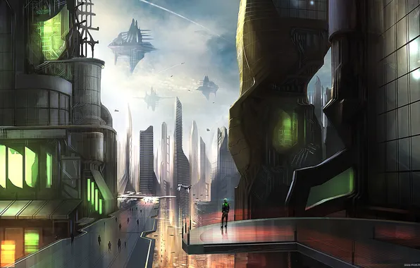 Картинка город, будущее, люди, транспорт, человек, арт, мегаполис, alexiuss