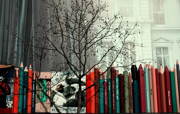 Картинка дерево, карандаши, окно