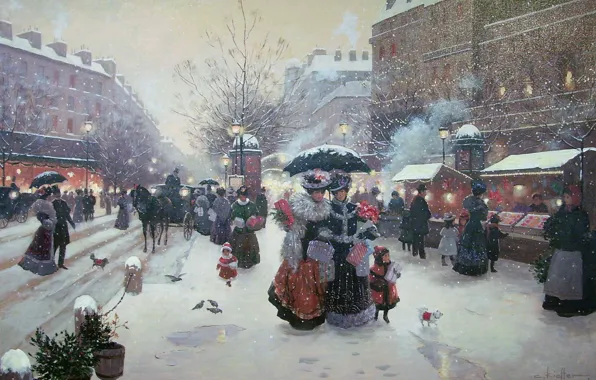 Картинка зима, праздник, дамы, улица, Франция, Париж, Рождество, подарки
