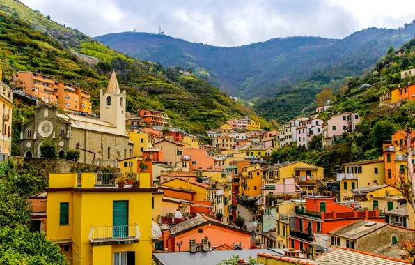 Пейзаж, горы, склоны, дома, Италия, Cinque Terre