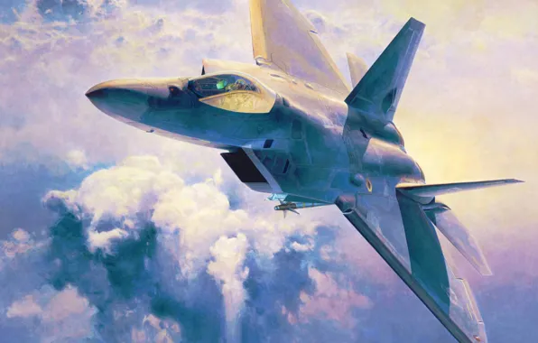 Картинка war, art, airplane, painting, jet, Lockheed F 22 Raptor