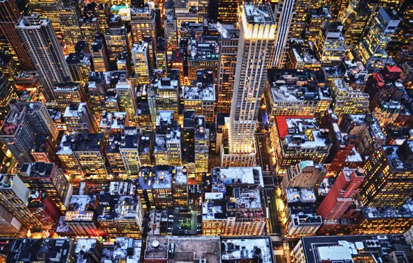 Картинка зима, огни, здания, небоскребы, вечер, крыши, нью-йорк, new york