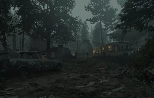 Forest, postapocalypse, the last of us part 2, game art, туман в лесу, Antoine Boutin