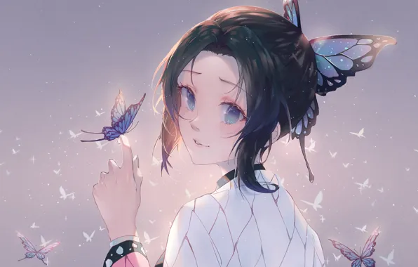 Бабочки, аниме, Anime, Kimetsu no Yaiba, голубоглазая девочка, Shinobu Kocho