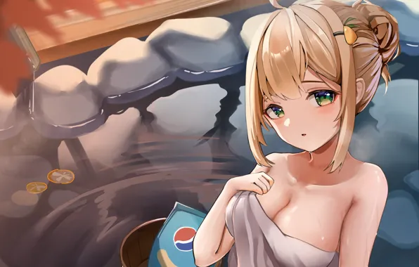 Girl, sexy, wet, cleavage, green eyes, boobs, anime, water