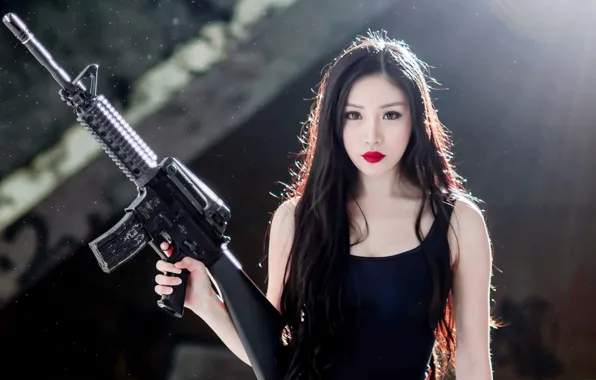 Картинка взгляд, девушка, лицо, оружие, азиатка, штурмовая винтовка