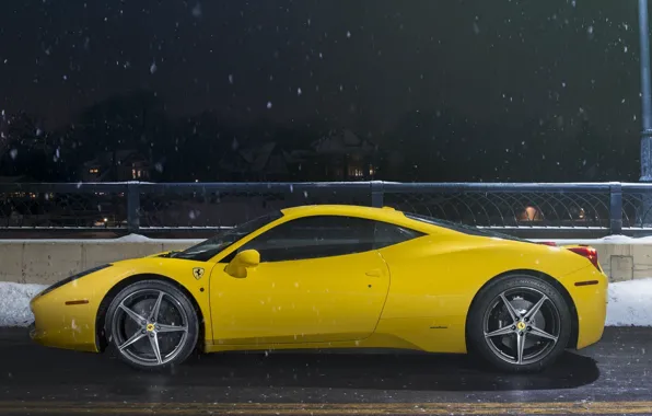Картинка Ferrari, 458, Snow, Yellow, Side, Italia, Road, Supercar