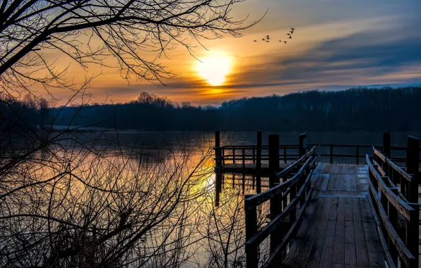 Картинка закат, мост, озеро