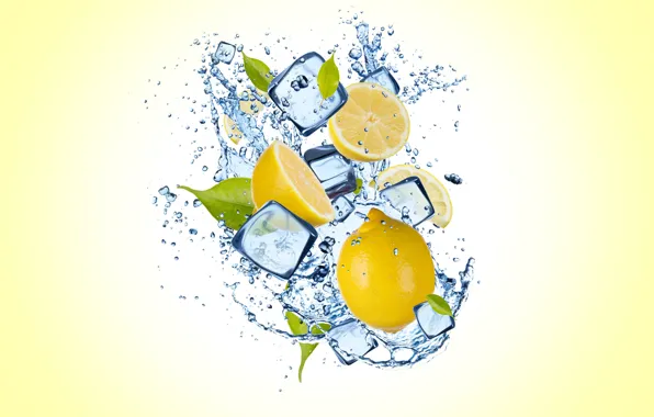 Картинка лед, вода, капли, лимон, ice, желтый фон, water, дольки