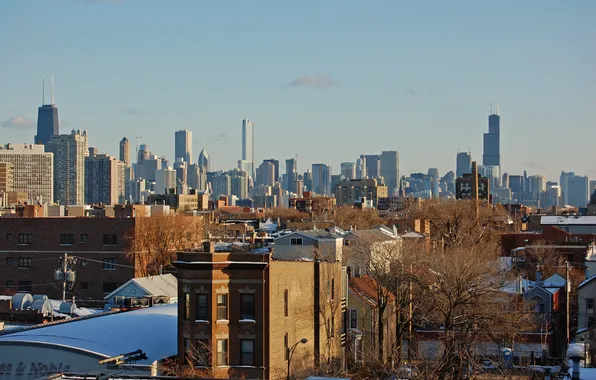 Картинка зима, снег, город, небоскребы, панорама, чикаго, Chicago