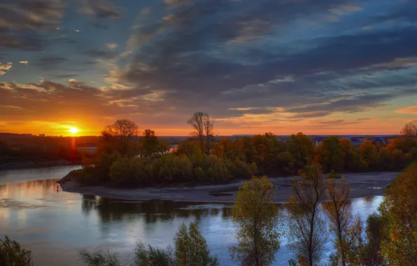 Осень, деревья, закат, река, Георгий Муравьев