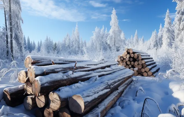 Зима, лес, небо, облака, снег, синева, бревна, сугробы