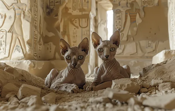Картинка кошки, развалины, котята, Египет, парочка, сфинксы, нейросеть