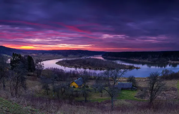 Картинка деревья, река, вечер, утро, домики, Литва