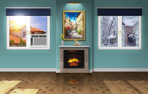 Summer, winter, living room, fireplace, picture frame, air conditioner