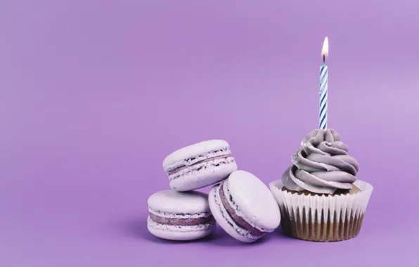 Картинка праздник, cupcake, кекс, candle, Birthday, макаруны, Macaroons