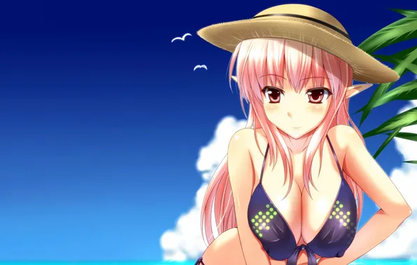 Картинка sunhat, handsome, breasts, long hair, pink eyes, anime, pointed ears, attractive