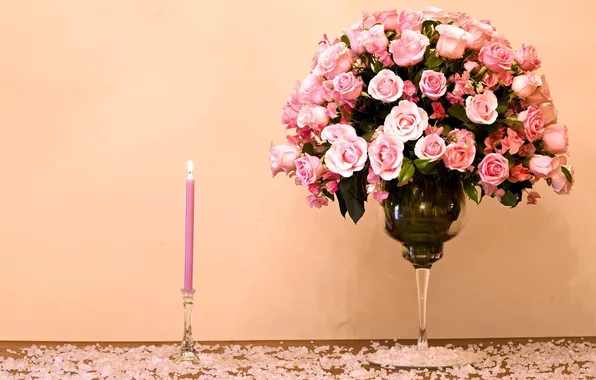 Картинка цветы, розы, свеча, ваза