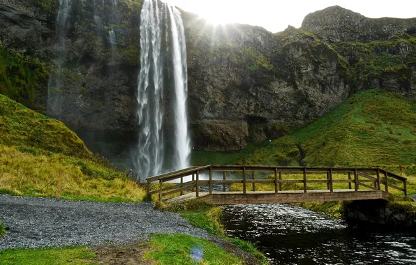 Картинка мост, скала, ручей, водопад, Исландия, тропинка, Seljalandsfoss waterfall