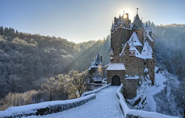 Зима, лес, снег, мост, замок, Германия, Germany, Eltz Castle