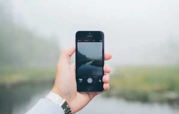 Пейзаж, туман, отражение, река, ручей, фотография, iPhone, часы