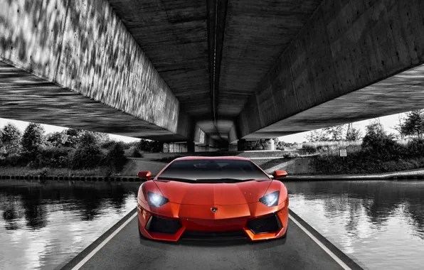 Lamborghini, Оранжевая, Ламборджини, Orange, Front, Суперкар, LP700-4, Aventador