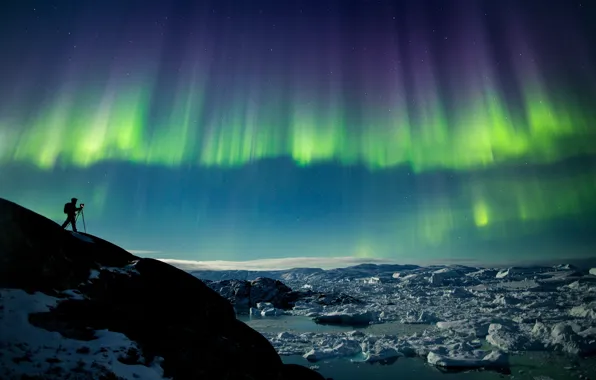 Картинка небо, ночь, северное сияние, льды, фотограф