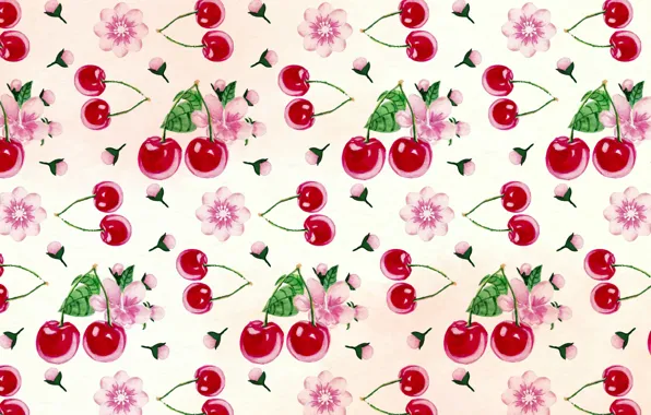Картинка цветы, фон, текстура, pattern, вишни, cherry