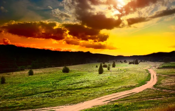 Картинка дорога, поле, лес, небо, трава, солнце, облака, деревья