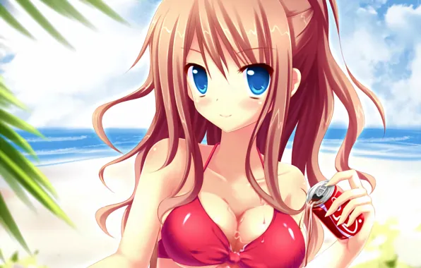 Girl, sexy, cleavage, beach, long hair, sea, brown hair, boobs