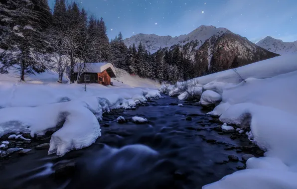 Зима, снег, пейзаж, горы, ночь, природа, звёзды, Австрия