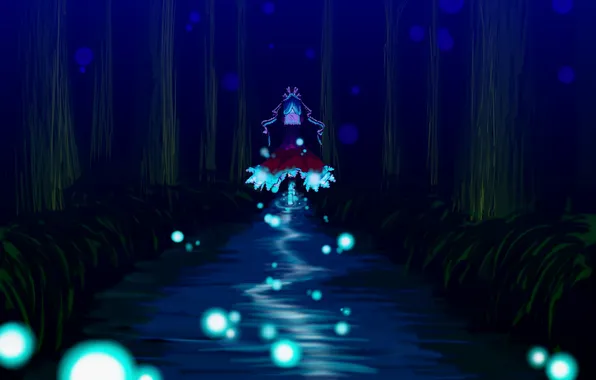 Картинка лес, девушка, ночь, река, огоньки, арт, Touhou, Hina Kagiyama