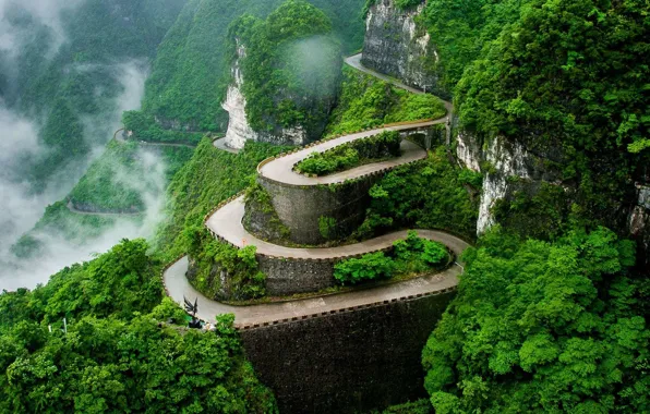 China, Китай, серпантин, горная дорога, Хунань, туман в горах, Тяньмэнь