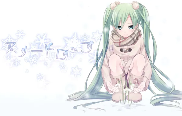 Цветок, весна, иероглифы, Hatsune Miku, вокалоид, подснежник, мику