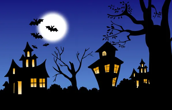 Ночь, замок, луна, Хеллоуин, летучие мыши